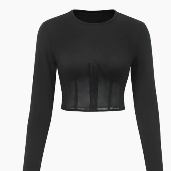 micas Tops - Mesh Panel Long Sleeve Corset Top